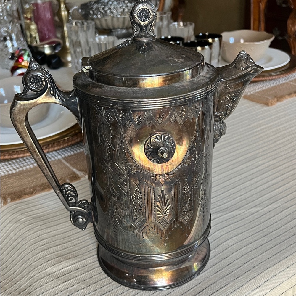 Antique Aurora Silver Plate Co., Pitcher warranted triple plate 803, 1869-1919.